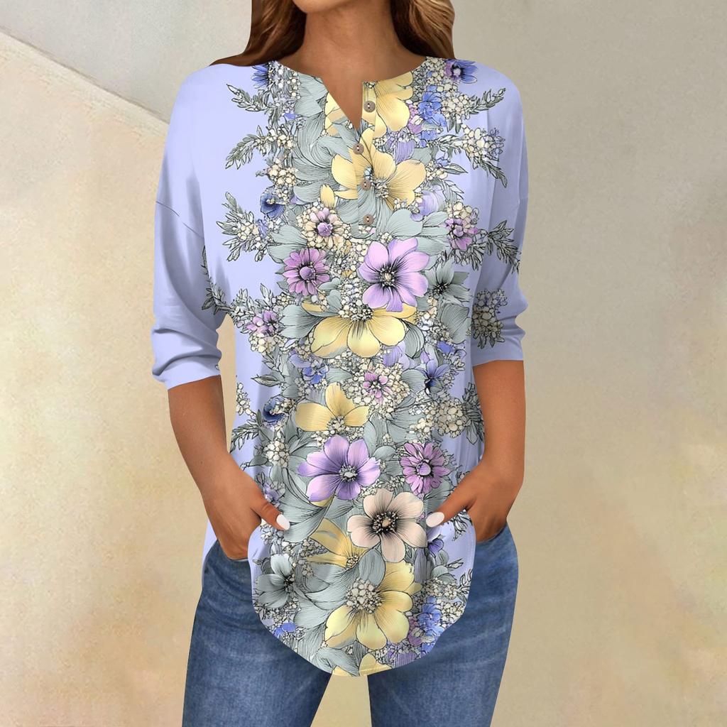 Женская свободная футболка с воротником на пуговицах и винтажным цветочным принтом, рукав три четверти