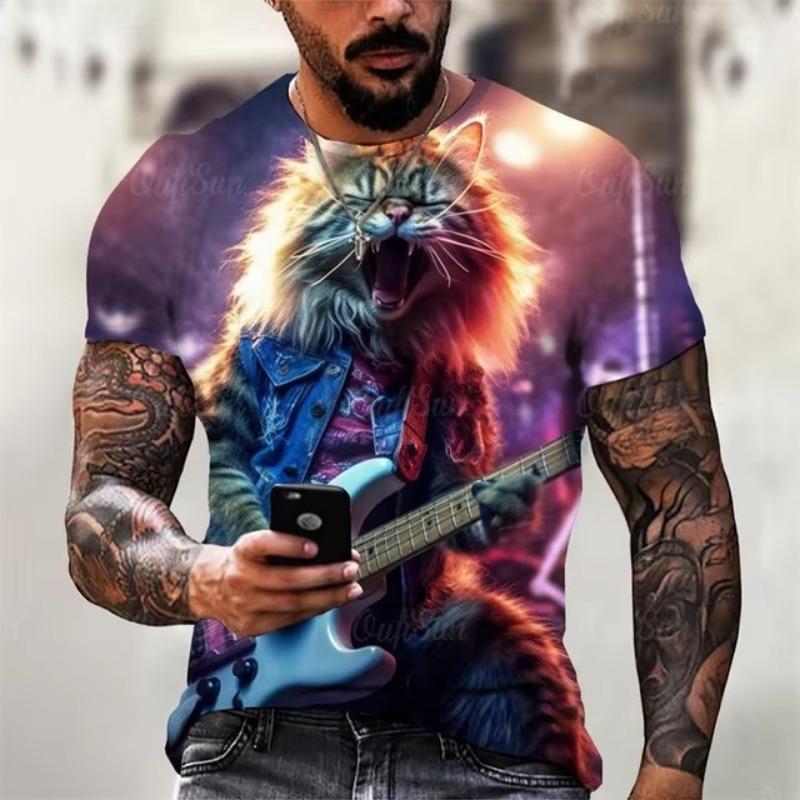Trend Rock Guitar Cat Graphics T Shirts Summer Fashion Short Sleeve Cool 3D Animals Printed Mens T-shirts Casual Streetwear Tees