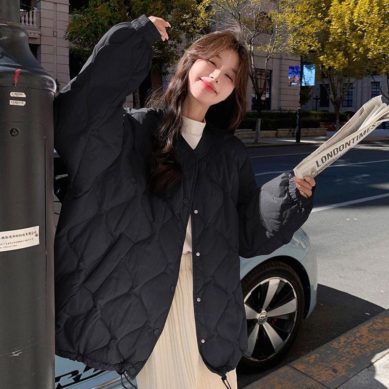 Casual Diamond Patterned Cotton Coat for Women with Lazy Style - Solid Color Winter Jacket