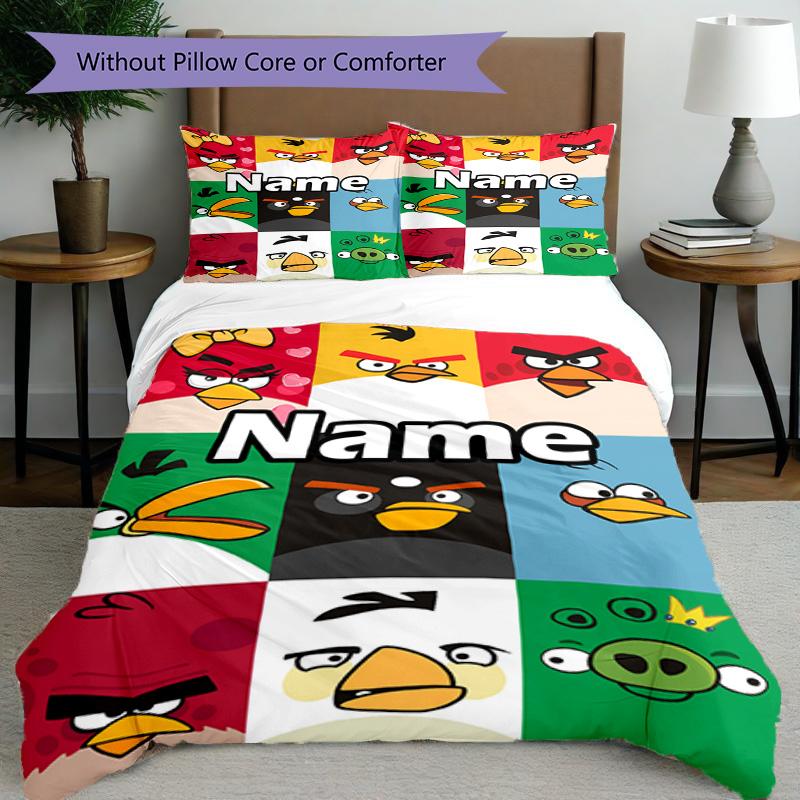 3pcs Duvet Cover Set (1*Duvet Cover + 2*Pillowcase, Without Core), Custom Name Angry Birds Pattern Bedding Set, Home Bedroom Decor Gift