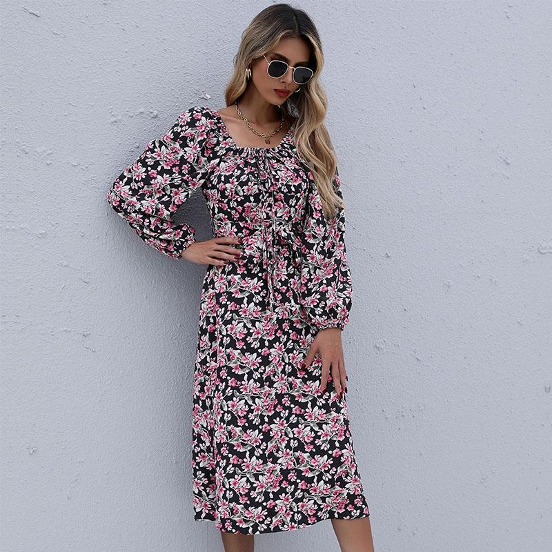 Женское платье с открытой спиной и квадратным вырезом, длинными рукавами, высокой талией и цветочным принтом