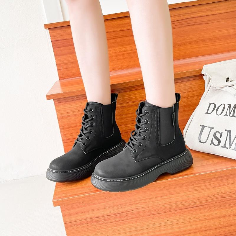 Fashion Women Ankle Boots Platform Leather Boots Side Lace-up Round Toe Winter Ladies Warm Shoes Retro Motorcycle Botas Mujer