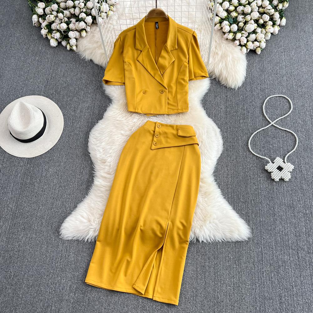 Женский костюм в стиле ретро с лацканами, свободная короткая куртка с пышными рукавами, юбка из двух частей с высокой талией и разрезом