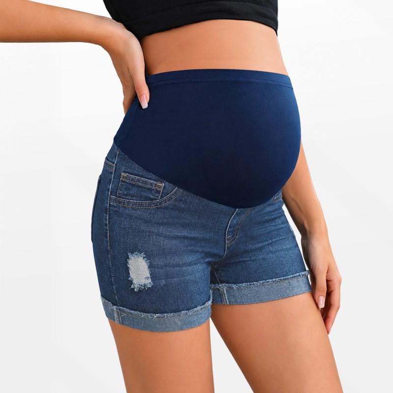 Maternity Denim Shorts High-Waist Stretch Capri Pants With Tummy Support Casual Wear