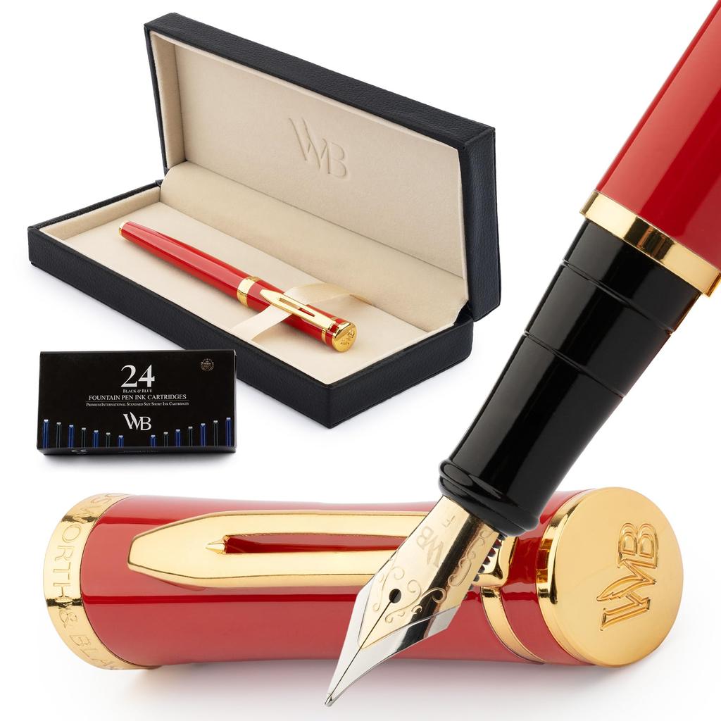Wordsworth Black Fountain Pen 18K Fine Ink Ink Refill Converter Gift Gold Crimson Ideal for Men and Women & Set, Gold-Plated Nib, 24-Pack Cartridges,