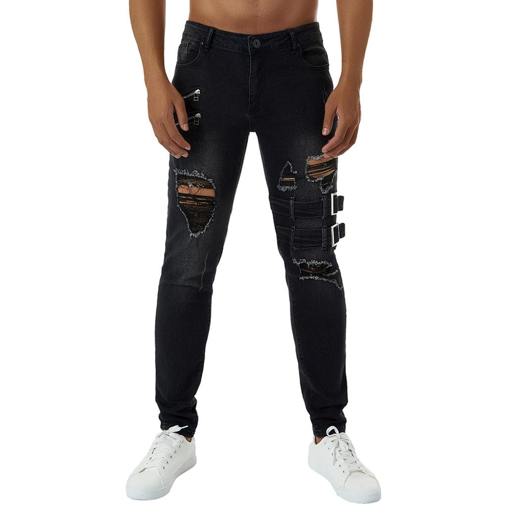 Men Jeans Solid Color Ripped Holes Frayed Gradient Washed Trousers