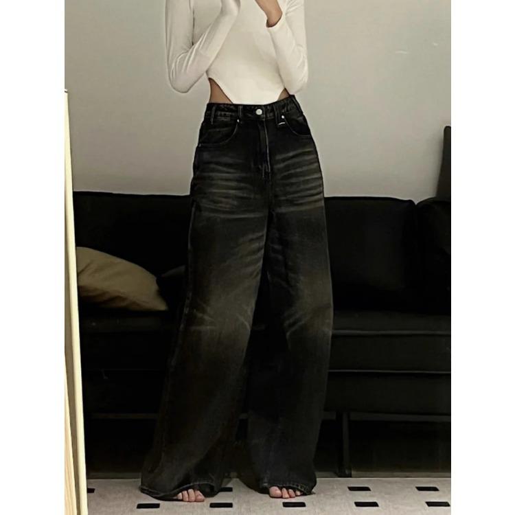 Винтажные черные широкие джинсы женские большие уличные корейские модные мешковатые джинсовые брюки гранж Y2k женский хип-хоп