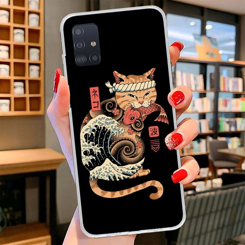 Ramen Sushi Samurai Tattoo Cat Cover Phone Case For Samsung Galaxy A12 A22 A32 A52 A72 A02S Phone Case Note 20 Ultra 10 S10 Plus