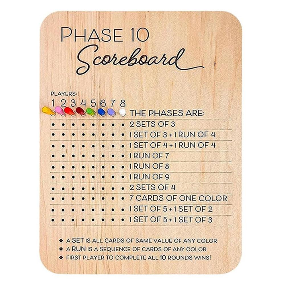 Wooden Phase 10 Score Board W/8 Colored Pegs Phase 10 Scoreboard and Round Tracker Table Board Card Game for Party Family Adults