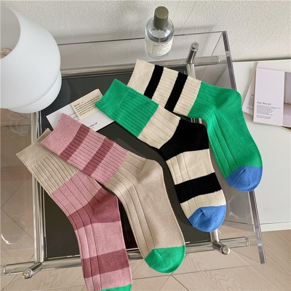 A Pair Stripes Mid Tube Socks Warm Womens Crew Socks Durable Cotton Socks At All Seasons