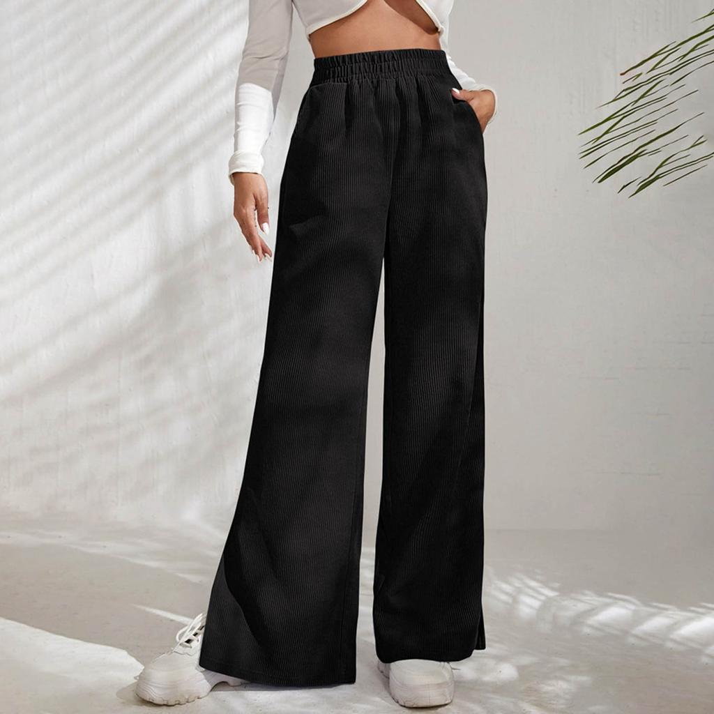 Women's High Waisted Casual Solid Color Corduroy Splicing Slit Hem Pants