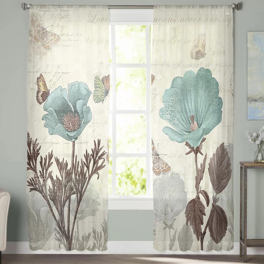Vintage Tulip Flower Butterfly Sheer Curtains For Living Room Bedroom Kids Room Tulle Window Treatment Drapes