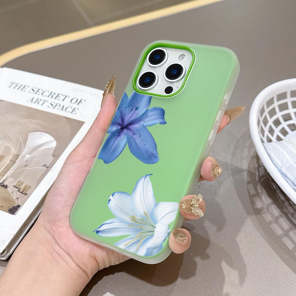 Силиконовый Матовый Чехол для Телефона 2 в 1 Конфетного Цвета для iPhone 17 Air 16e 16 15 14 13 Plus 12 11 Pro X XR Max Элегантный Синий Узор Лилии