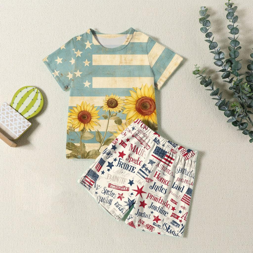 Мода для мальчиков девочек Повседневный комплект ко Дню независимости: футболка с круглым вырезом и короткими рукавами, шорты