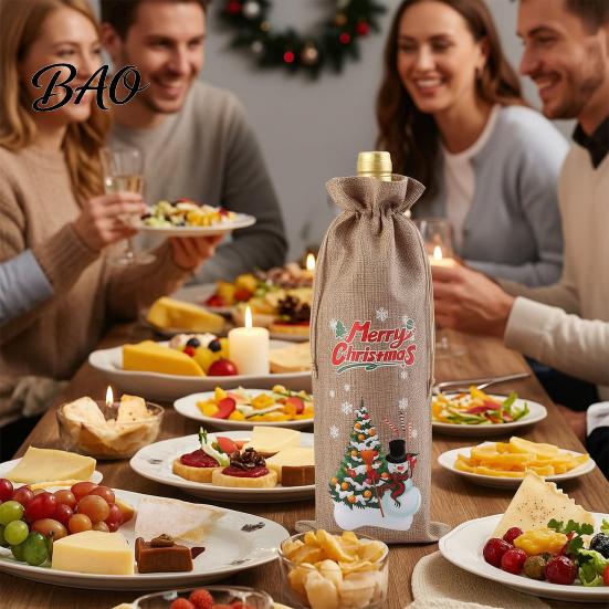 Decorative Bottle Bags for Christmas Wine Bag, Vintage Drawstring Sleeve, Reusable Faux Holiday Party Packaging Linen Cover Clothes New Year