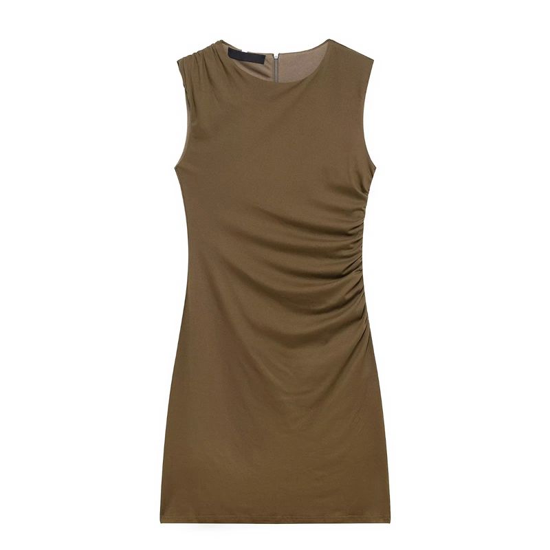 Spring New Women's Clothing French Ruched Silm Round Neck Short Sleeveless Dress 3067220 4772350