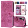 Embossed Flower Cat Wallet Case for Samsung A12 A13 A22 A32 A52 S21 S22 Matte Leather Flip Cover for Redmi Note 11S Poco F3 M3 M4 Pro 4G iPhone 13 Pro