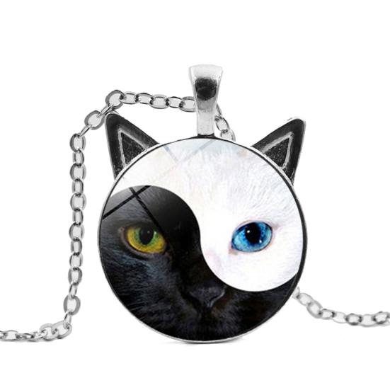 Женщины Тай Чи Инь Ян Cat Стеклянный кулон Ожерелье Свитер Цепь Ювелирный Подарок