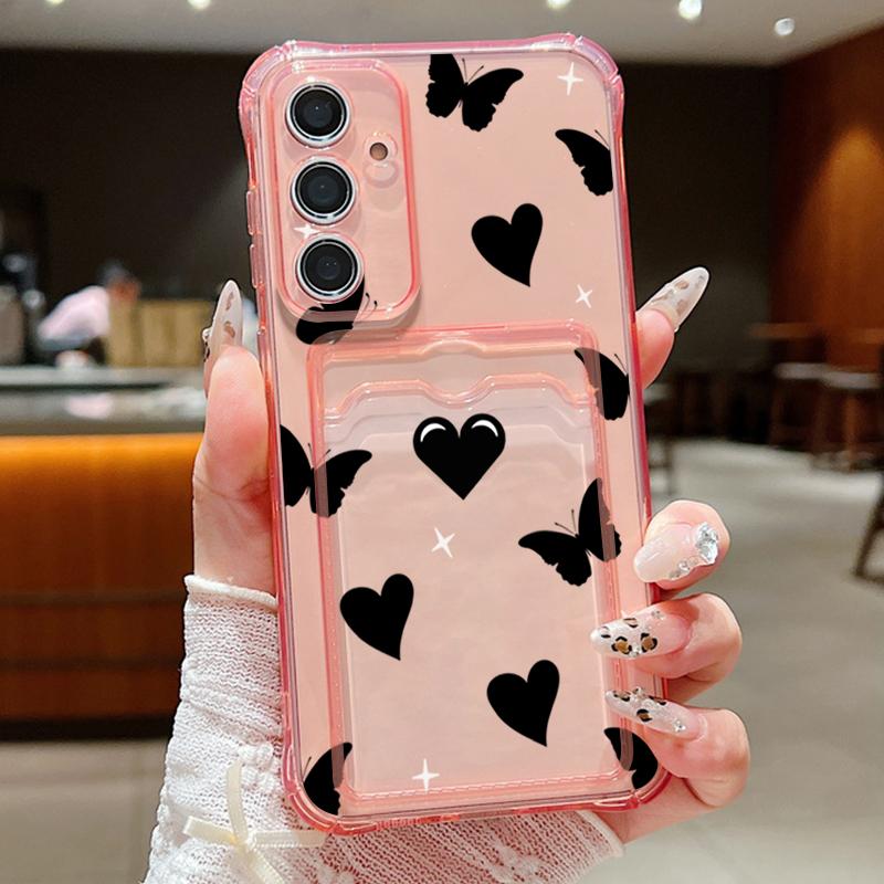 Прозрачный тонкий чехол с принтом в виде сердечек и бабочек для карт памяти для Samsung S24 FE S23 Ultra S22 A16 A55 A15 A54 A35 A14, противоударный мягкий силиконовый чехол для телефона