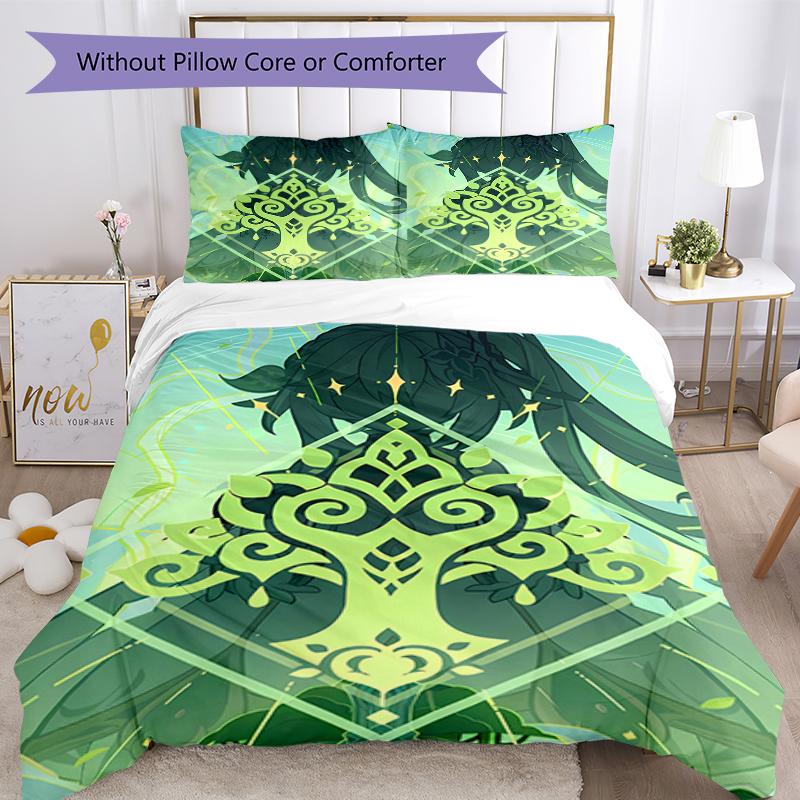3pcs Genshin Impact pattern bedding set duvet cover set includes duvet cover &pillowcases, perfect all season bedroom decoration & gift