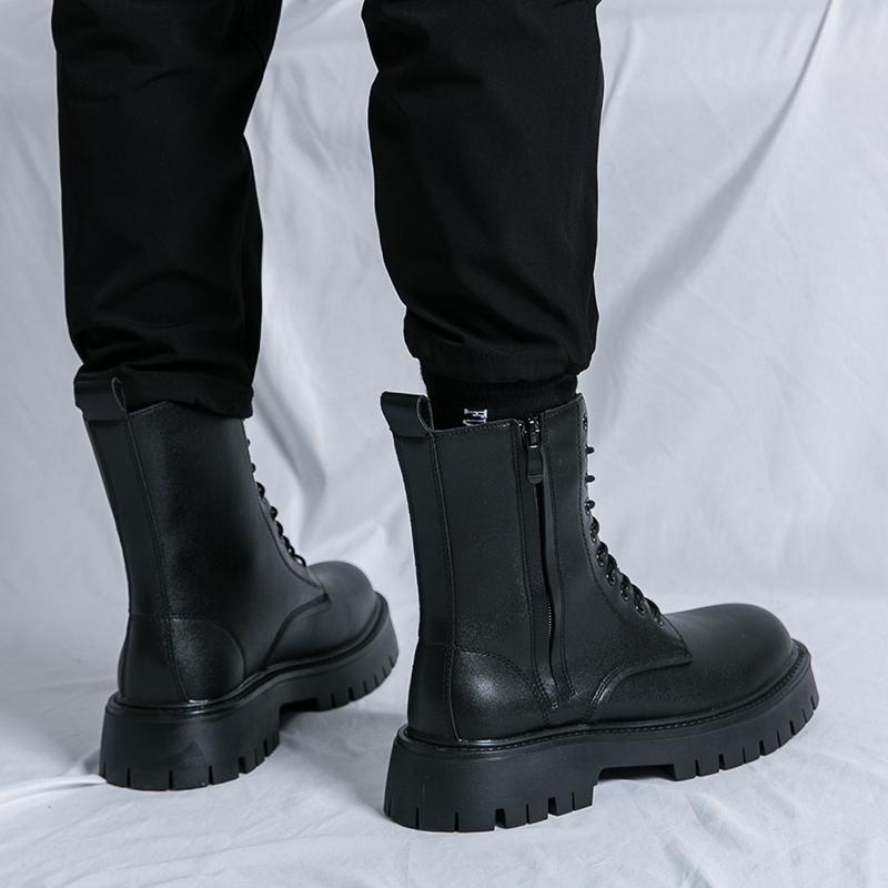 Black Ankle Boots for Men Lace-up Zipper Pu Safety Shoes Motorcycle Boots Gray Brown Platform Boots