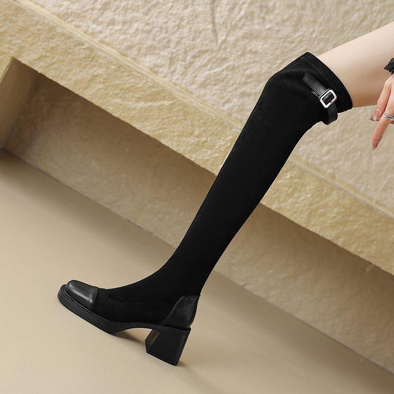 Krazing Pot Осенне-зимняя обувь из микрофибры, эластичные сапоги большого размера с квадратным носком, сохраняющие тепло, на молнии, размер 43, выше колена