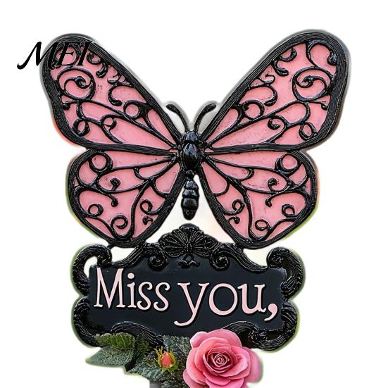 Outdoor Sympathy Gift Butterfly Memorial Garden Stake, Miss You Sign, Pink Acrylic Rose Decor Yard Art Stake for Lawn Courtyard Cemetery Decoration