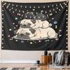 Three sleeping pugs stacked on each other surrounded by cute colorful shapes. Patterned tapestry for bedroom and living room home decor