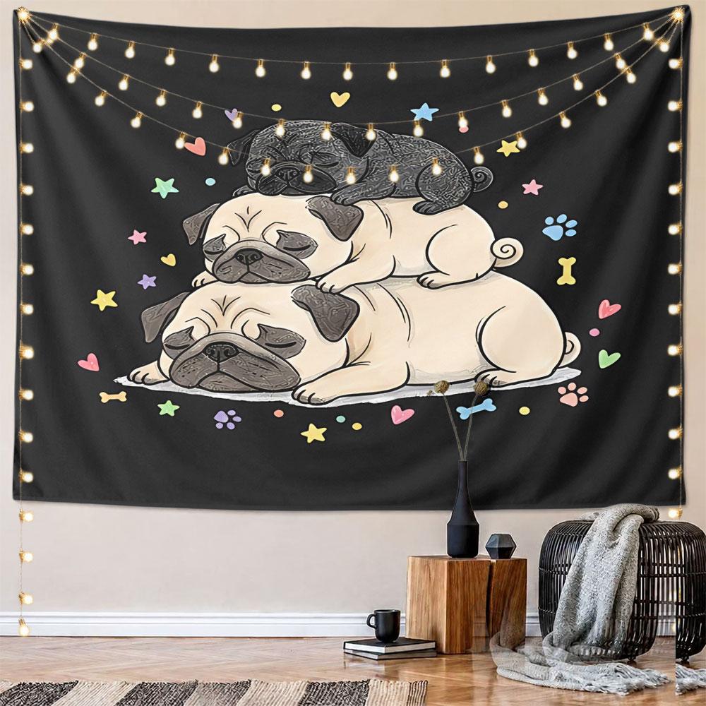 Three sleeping pugs stacked on each other surrounded by cute colorful shapes. Patterned tapestry for bedroom and living room home decor