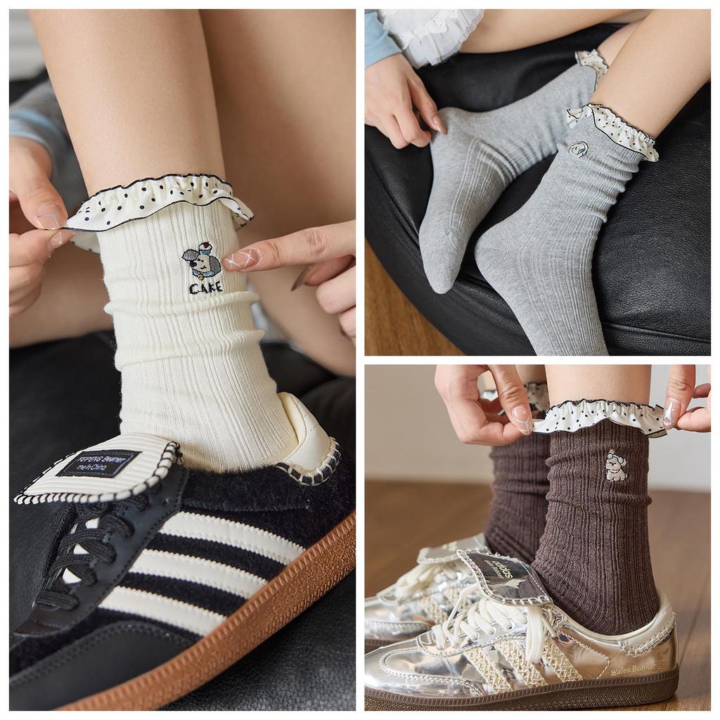 2025 Autumn Women's Mid-Calf Cotton Socks - Korean Cartoon Dog Embroidery with Lace Ruffle