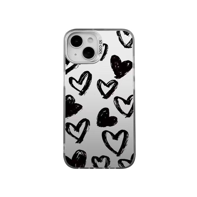 Colored silver and black with a large heart design for iPhone 16 Pro Max and iPhone 15, colored silver, 11/12mm drop-proof, 13/14mm hard.