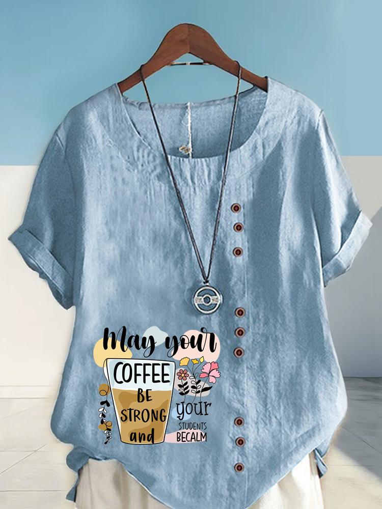 Women's Fashion Letter Flower Print Round Neck Short Sleeve T-shirt Casual Cotton Linen Graphic Shirt Leisure Loose Summer Blouse Tops