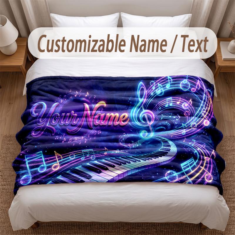 Music Piano Theme Soft Blanket Personalized Custom Name Text Print Warm Blanket Home Sofa Bedroom Decor