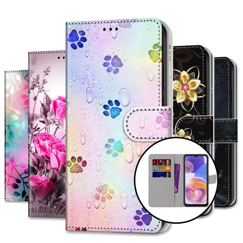 For iPhone 15 14 13 Pro Max Samsung S23 S24 S22 Ultra A24 A25 A35 A55 A52 Cute PU Leather Card Holder Beauty Flowers Flip Wallet Kickstand Phone Case