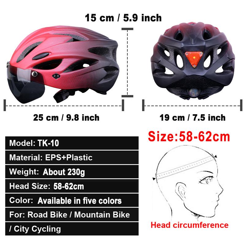 X-TIGER Magnetic Goggles Bicycle Helmet with LED Rear Light Ultralight Cycling Helmet Adult MTB Bike Helmet Fit 58-62cm