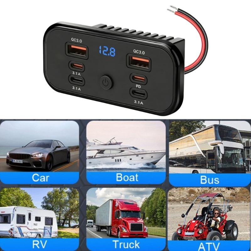 Розетка USB-зарядки для монтажа на панель с индикатором заряда аккумулятора, 6-портовая панель питания для салона автомобиля с передней кнопкой и крепежной панелью под винт для зарядки в кабине