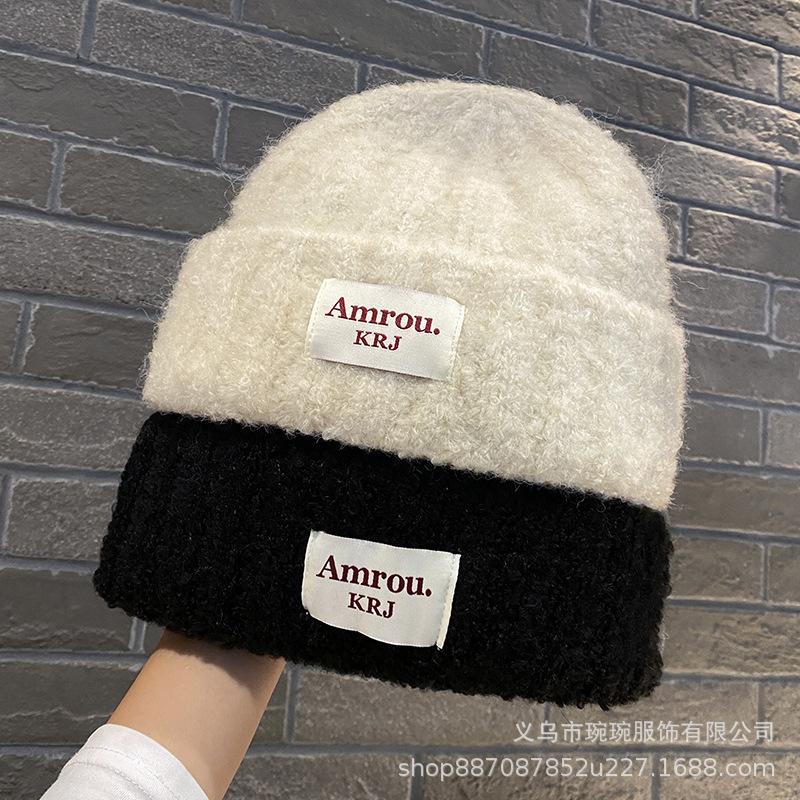 Big head circumference cloth embroidered wool hat for men and women, outdoor warm knitted hat in winter, small face pullover ear protection hat