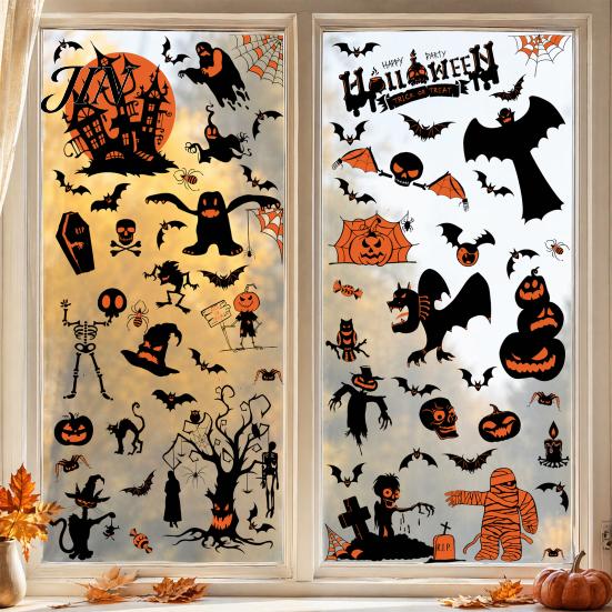 Bat And Spider Window Decals 9 Sheets Halloween Clings, Happy Pumpkins Witch Ghost Bats Castle Spooky Decorations Stickers, PVC Waterproof for