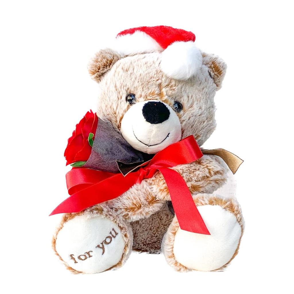Christmas Full Reel Bouquet Bear Plush Toy with Artificial W230 X H250 X Lulu's Flowers, Size D200mm, Santa, Lulu's-0529