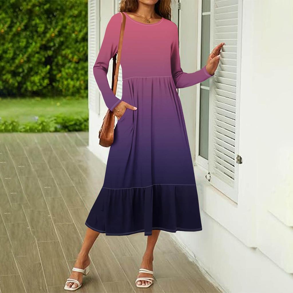 Women's Gradient Sequins Printed Casual Dress Spring Autumn Pocket Round Neck Long Sleeve Dresses