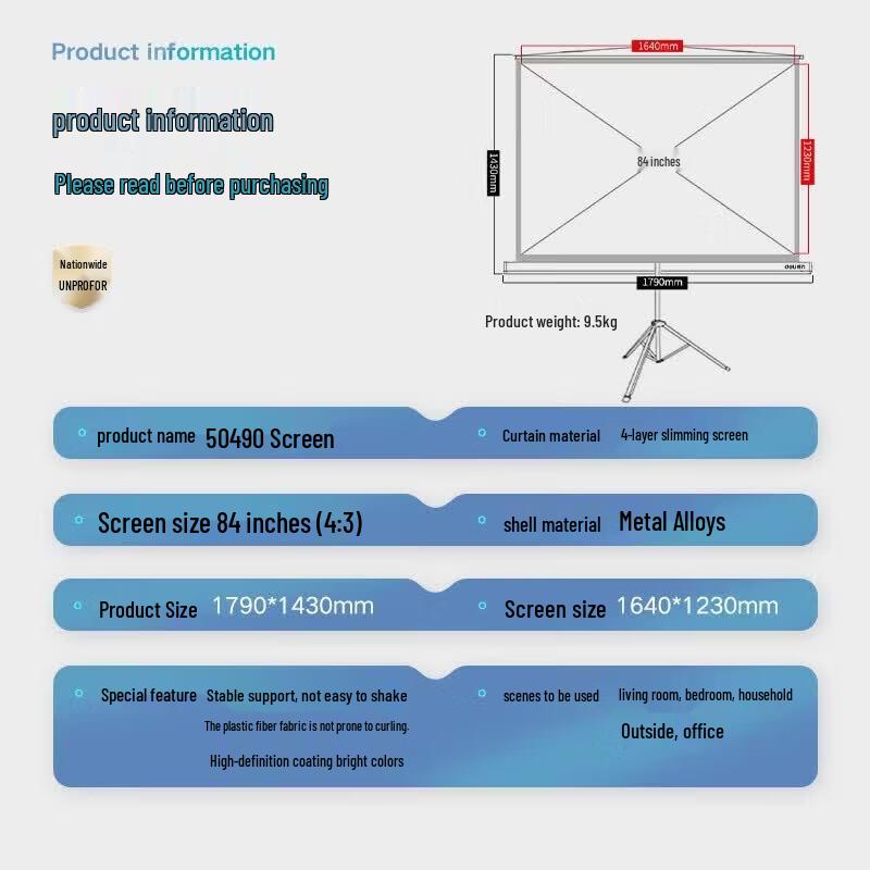 Deli 50490 84-inch 4:3 Tripod Projector Screen