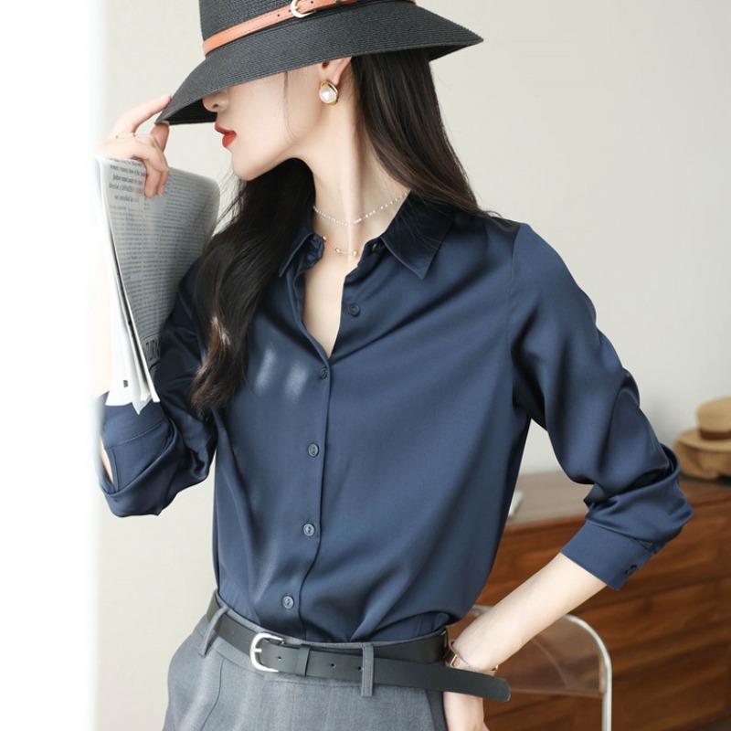 Модная повседневная офисная женская атласная рубашка, свободные топы с длинным рукавом, однотонные женские блузки больших размеров, элегантные винтажные простые женские рубашки на пуговицах 25678