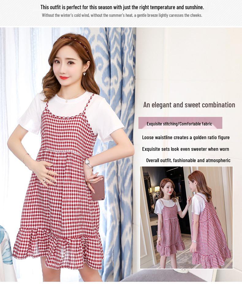 Двухцветное летнее платье для беременных: Свободный крой, Короткий рукав, Прикрывающий живот