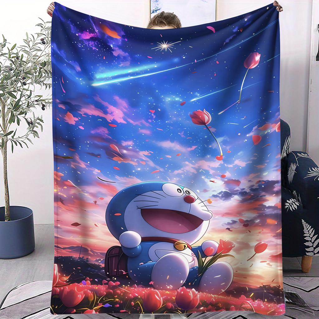 Doraemon in the Sea of Tulip Flowers Print Blanket For Office Travel Comfort Leisure Camp Multifunctional Universal Blanket Gife