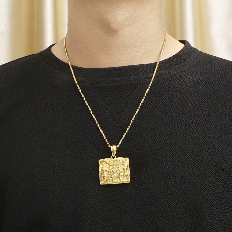 Egyptian Pattern Stainless Steel Pendant Necklace for Men Silver & Gold Color Square Charms Party Jewelry Gift Gothic Accessory