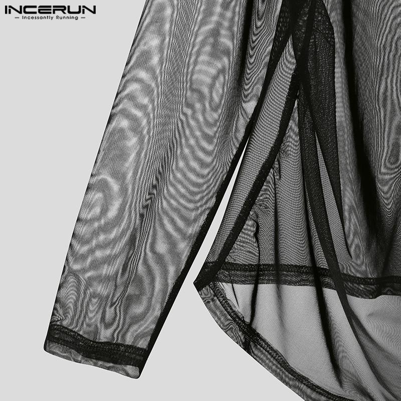 INCERUN Мужские сетчатые футболки с высоким воротом и длинным рукавом