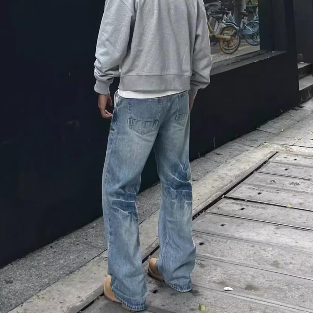 Джинсовые брюки High Street для мужчин, ретро-состаренные, свободные прямые брюки, спортивные брюки с широкими штанинами, модные