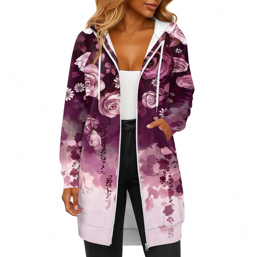 Women's Fashionable Printed Long Sleeved Drawstring Hooded Zipper Pocket Long Casual Sweatshirt Jacket