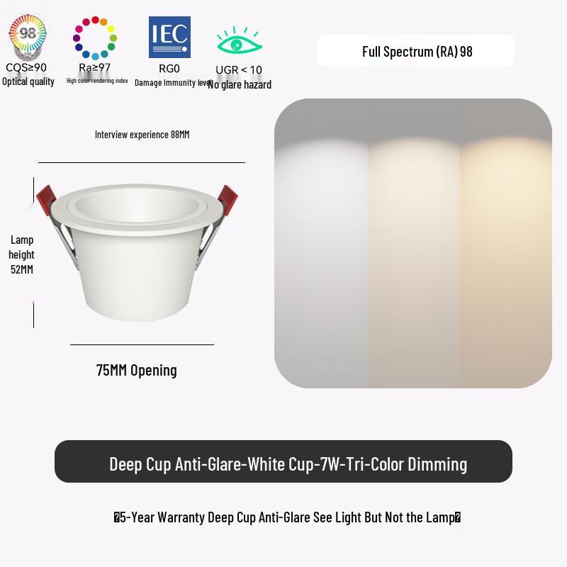 Deep Cup Anti-Glare Recessed Downlight, 75W, Full Spectrum, CRI 98 - Ideal for Living Room, Aisle, Balcony, and Entrance Lighting