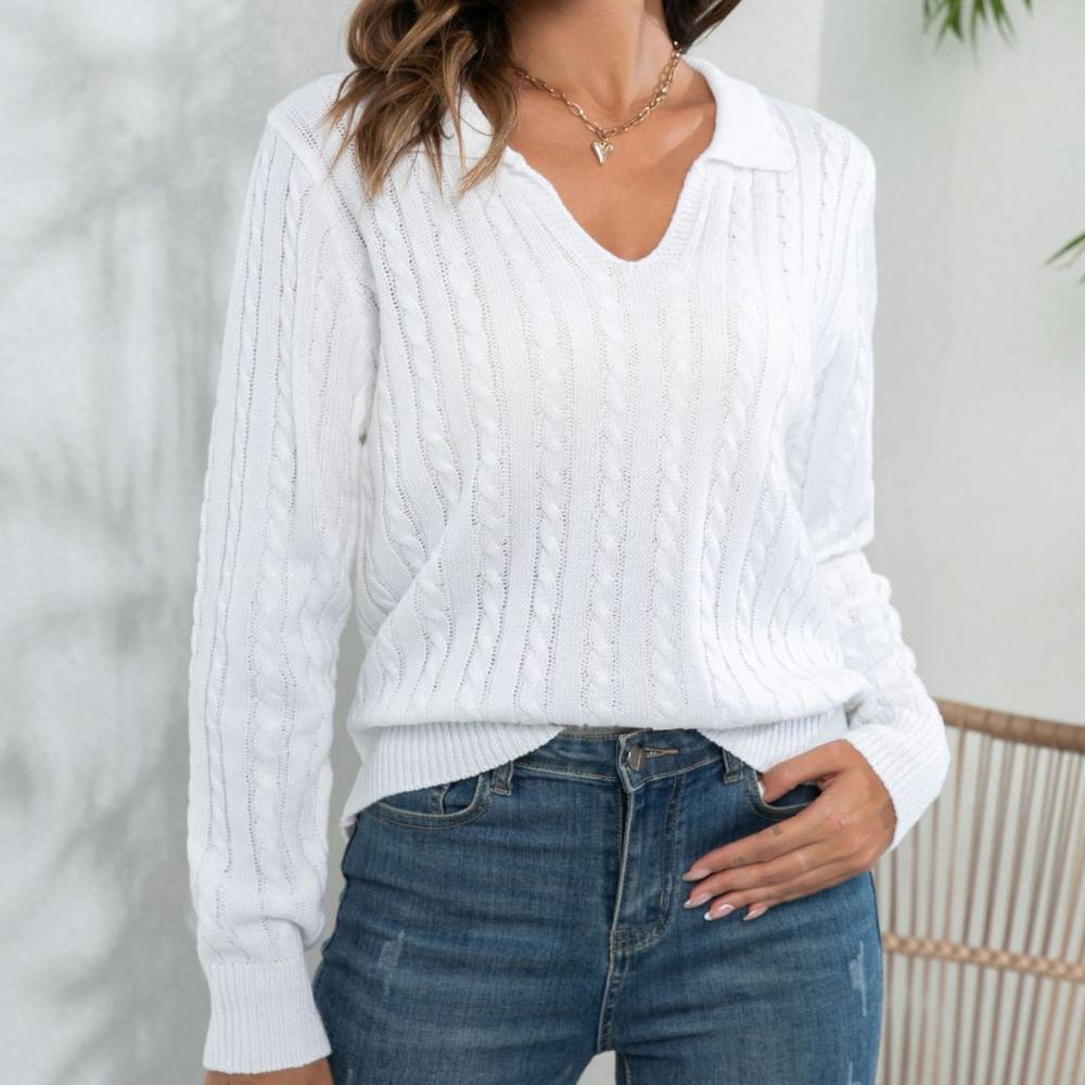 IHUASU Women's POLO Neck Twist Sweater Women's Pullover Loose Autumn and Winter Long Sleeve Knitwear